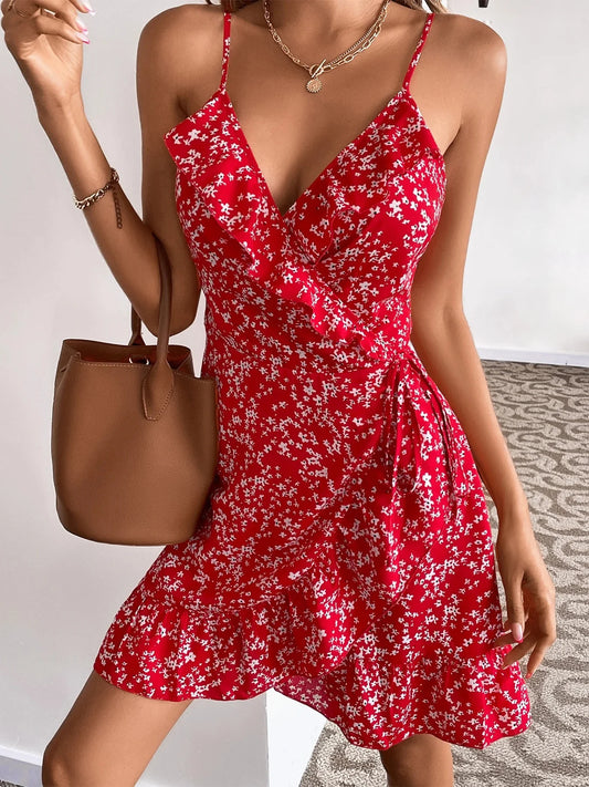 Hot V Neck Ruffle Wrap Red Floral Print Mini Dress, Sundress for Women Beach & Party