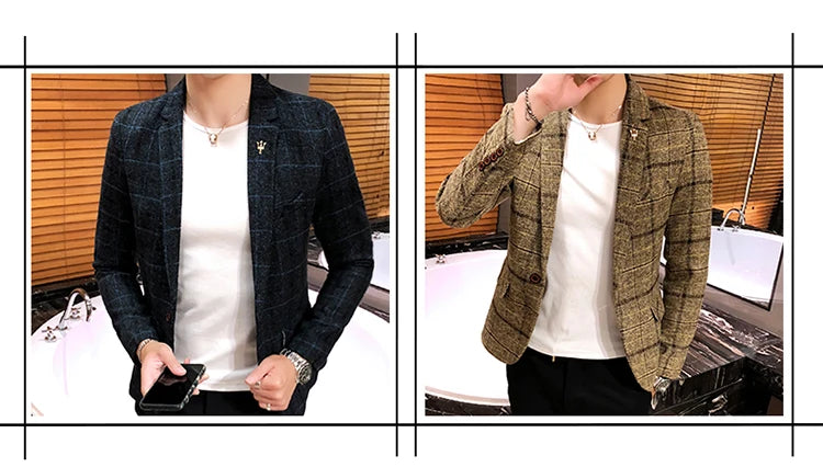 Spring and Autumn New Boutique Japanese Style Print Stand Collar Mens Casual Jacket Slim Male Coat Male Plaid Suit Jacket Blazer