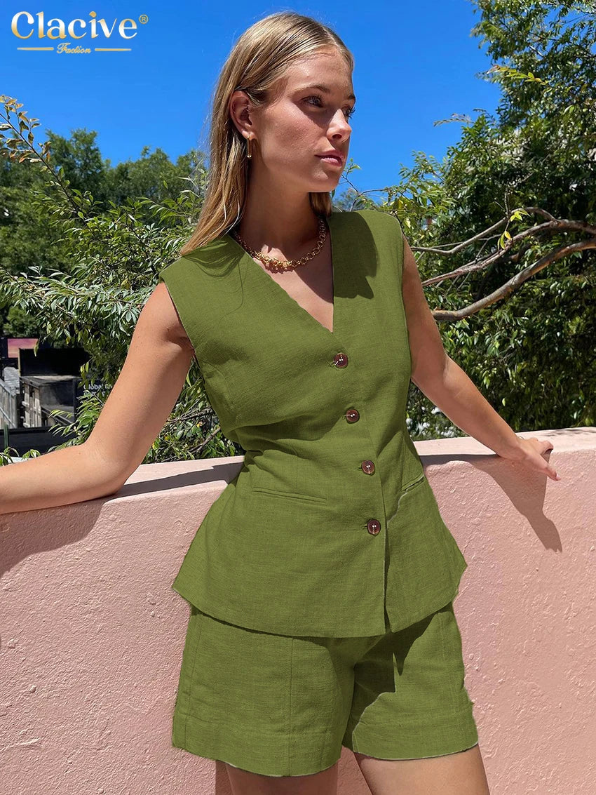 Clacive Summer Slim Khaki Linen 2 Piece Sets Women Outfit 2024 Fashion Sleeveless Tank Top With High Waist Shorts Set Female