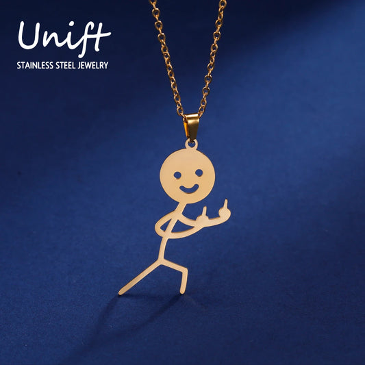 Funny Doodle Guy Middle Finger Man Necklace Stainless Steel Rude Gestures Fuxk You Pendant Fashion Hip Hop Jewelry for Women Men