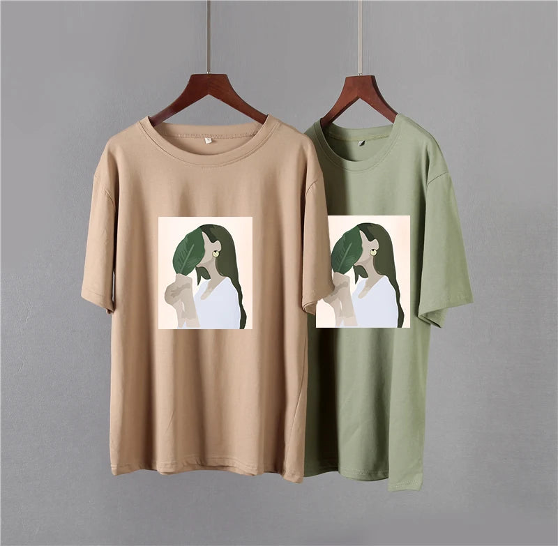 Hirsionsan Harajuku Printed T Shirt Women 2023 Summer Chic Tees 100% Cotton Elegant Graphic Clothes Loose Casual Pullover Tops