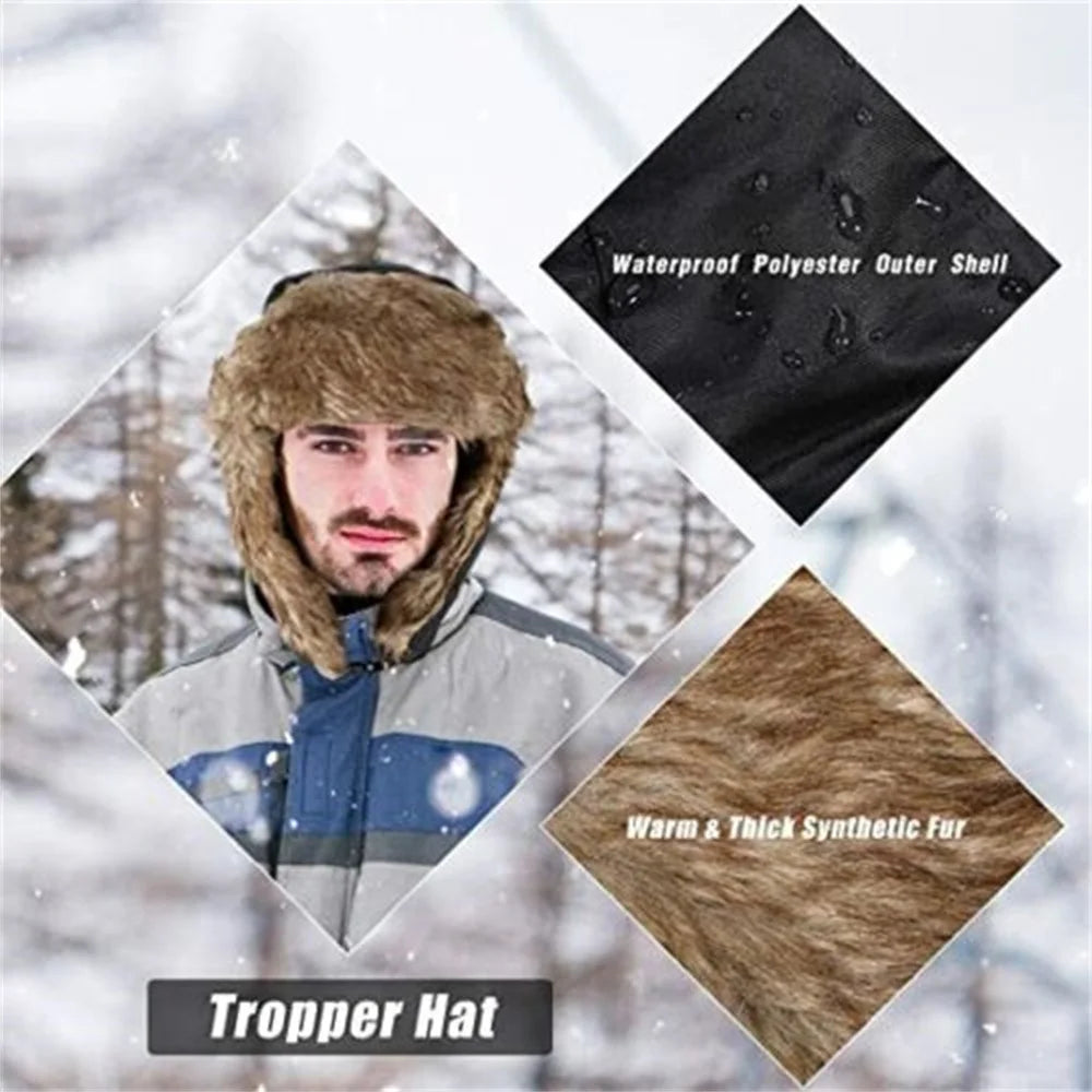 Men's Winter Trapper Aviator Trooper Earflap Warm Russian Waterproof Ski Hat Bomber Cap  Russian Warm Ear Protectors Hats BAZAARHUBO