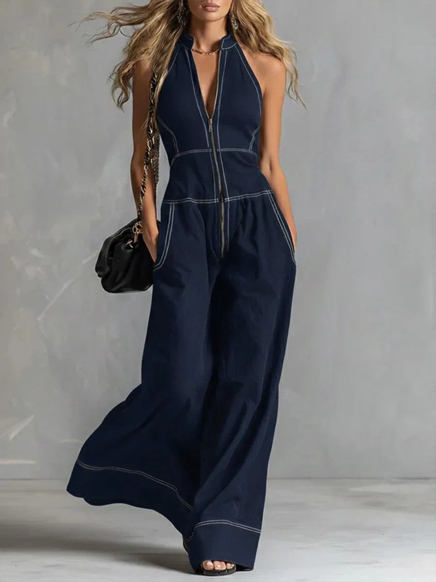 Spring Autumn Fashion Rompers Jumpsuit Women Loose Off-shoulder Zipper Pockets Wide Legs Trousers Overalls Sleeveless 64034