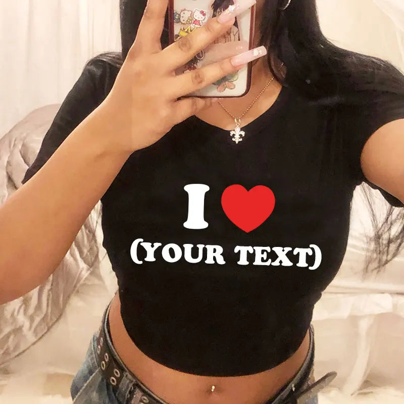 DIY Customize Your Text Couple Summer Casual Short Sleeve O Neck Cropped Navel Women Crop Tops Soft Bodycon Fashion Tees Blouse