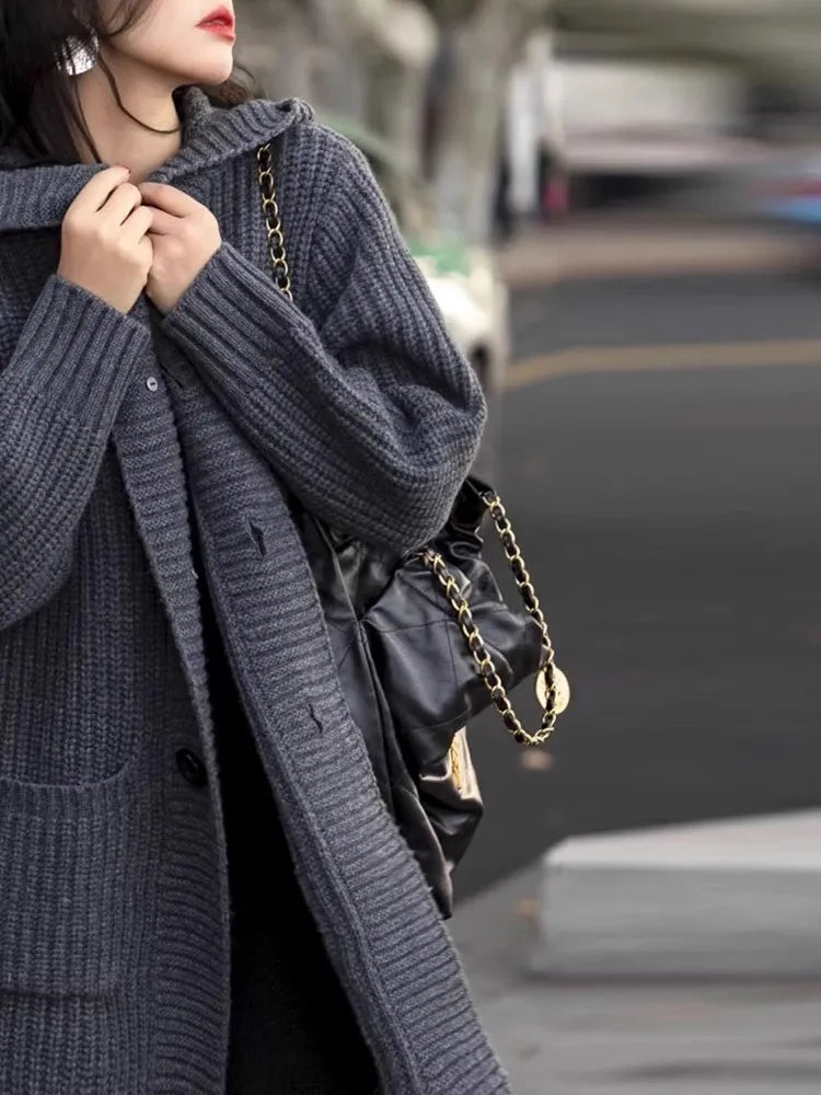 European hooded cardigan women's mid-length 100% cashmere sweater autumn and winter loose high-end lazy wind sweater coat