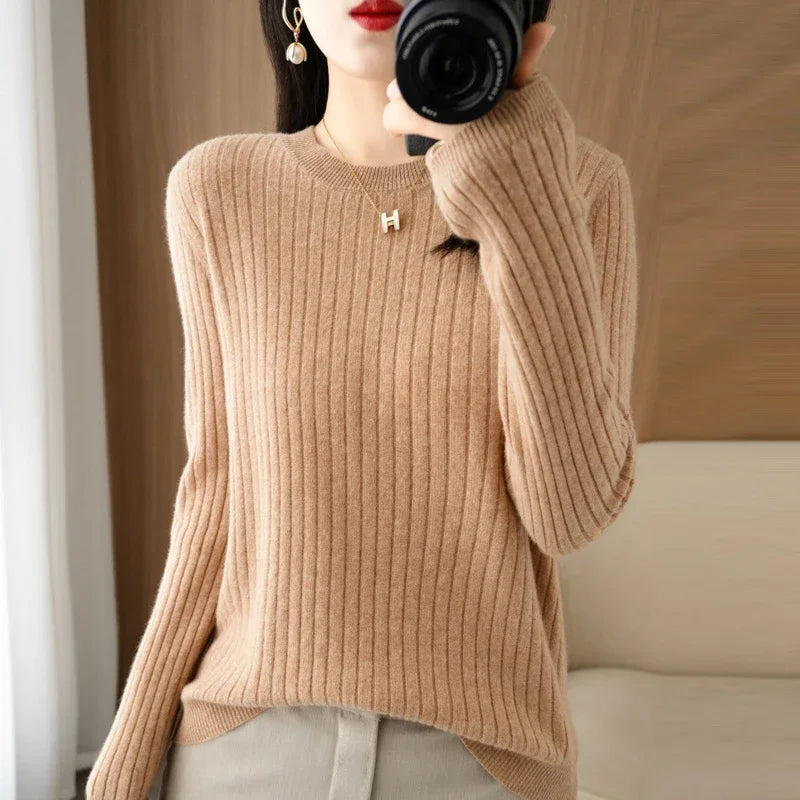2026 Women Sweaters Autumn Winter Long Sleeve Pullovers O-neck Stripe Warm Pullover Korean Fashion Bottoming Shirts Loose Jumper