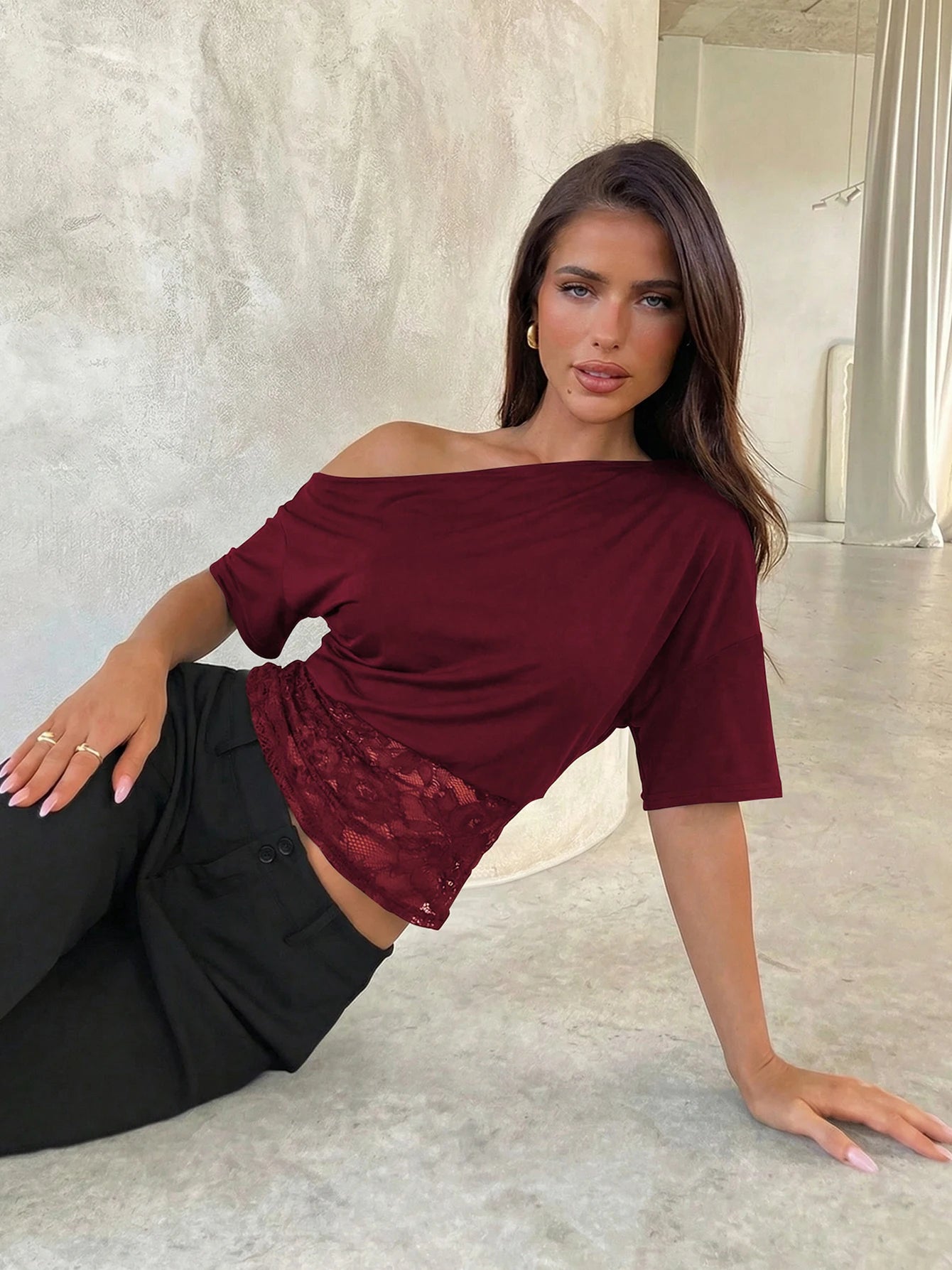 Dulzura Inclined Shoulder Short Sleeve Slim Lace Patchwork T-Shirt Women'S Vintage Sexy Casual Y2K Top Party Club Summer Clothes