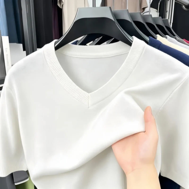 Mens V Neck Short Sleeve Wool Knit Pullover Soft Thin Knitwear For Business Office Daily Casual Spring Summer Basic Tops