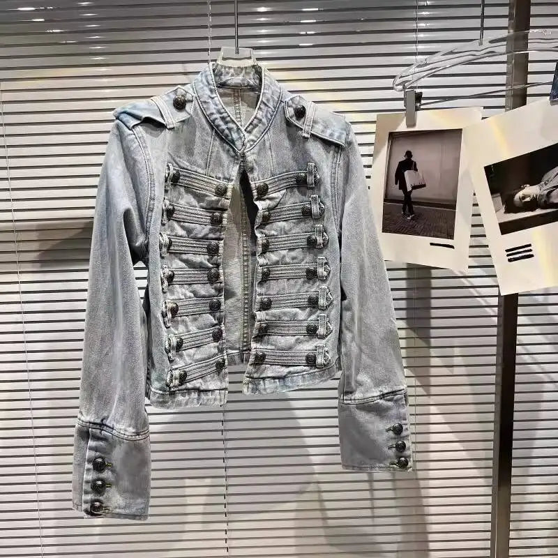 2026 Autumn New Fashion Metal Buckle Design Shoulder Strap Denim Short Jacket For Women High Street Coat Female