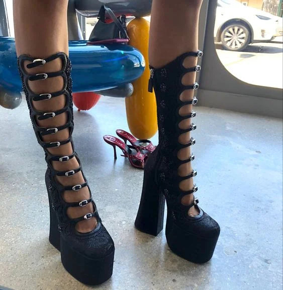 Patent Leather Belt Buckle Sexy Boots Platform Party Zip Summer Fashion Women Lolita Boot Hollow Street Punk Thick High Heels