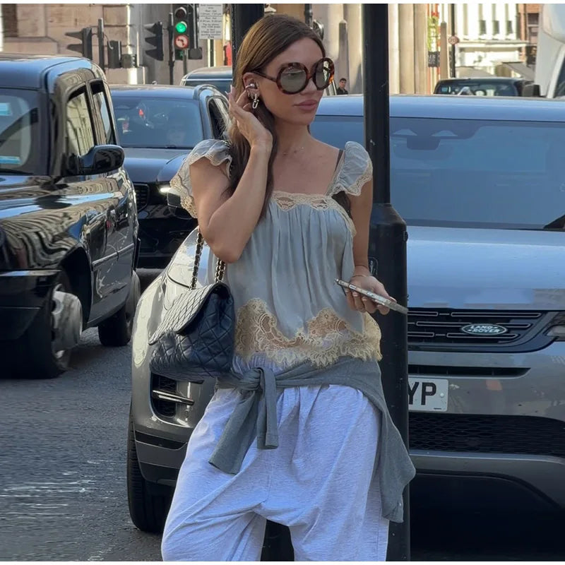 Lace Spliced Square Neck Spaghetti Strap Blouse Loose Fit Cropped 2026 Summer Women Chiffon Top Causal Delicate Lady Blusa