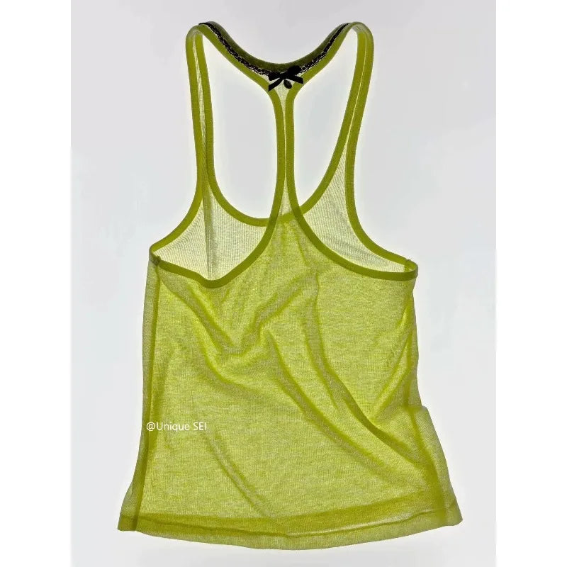 American Style Sexy See-through Slim Camisole Women 2026 Summer New Streetwear Backless Bow Patchwork Casual Tops