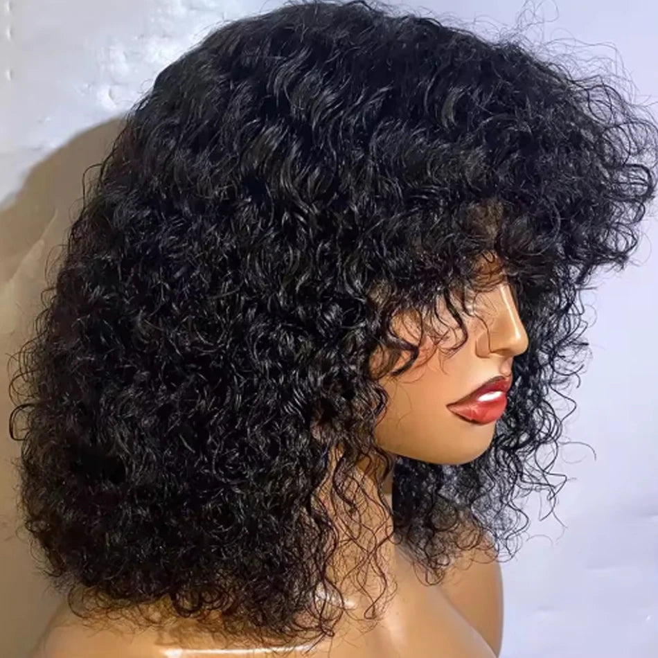 Short Curly Bob Human Hair Wig With Bangs Deep Curly No Lace 250 Density Brazilian Virgin Remy Fringe Human Hair Wigs Easy To Go
