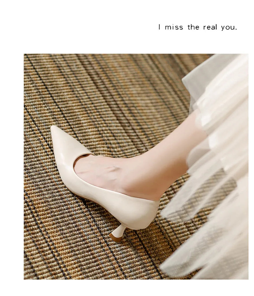 Soft Leather Concise Ladies Office Shoes 2026 Spring Shallow Comfort 6.0cm High Heels Women Pumps Dress Pointy Toe Wedding Shoes