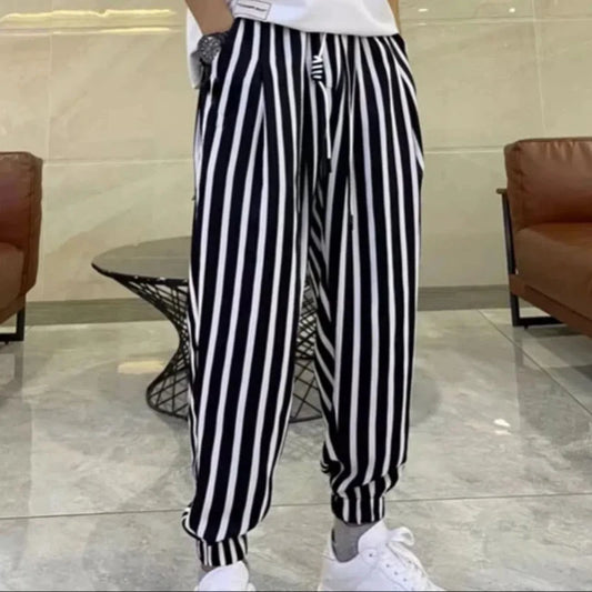 New summer casual and fashionable printed black and white striped sports handsome tie-length pants trendy men's harem pants