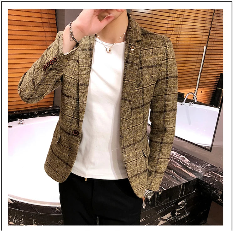 Spring and Autumn New Boutique Japanese Style Print Stand Collar Mens Casual Jacket Slim Male Coat Male Plaid Suit Jacket Blazer