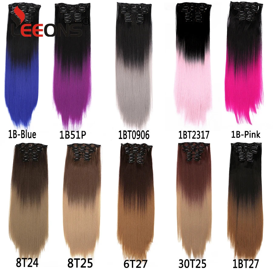 22 Inches Synthetic Long Straight Hairstyle 16 Clips 6Pcs/Set Hair Extensions Blonde Black Hairpieces Heat Resistant For Women