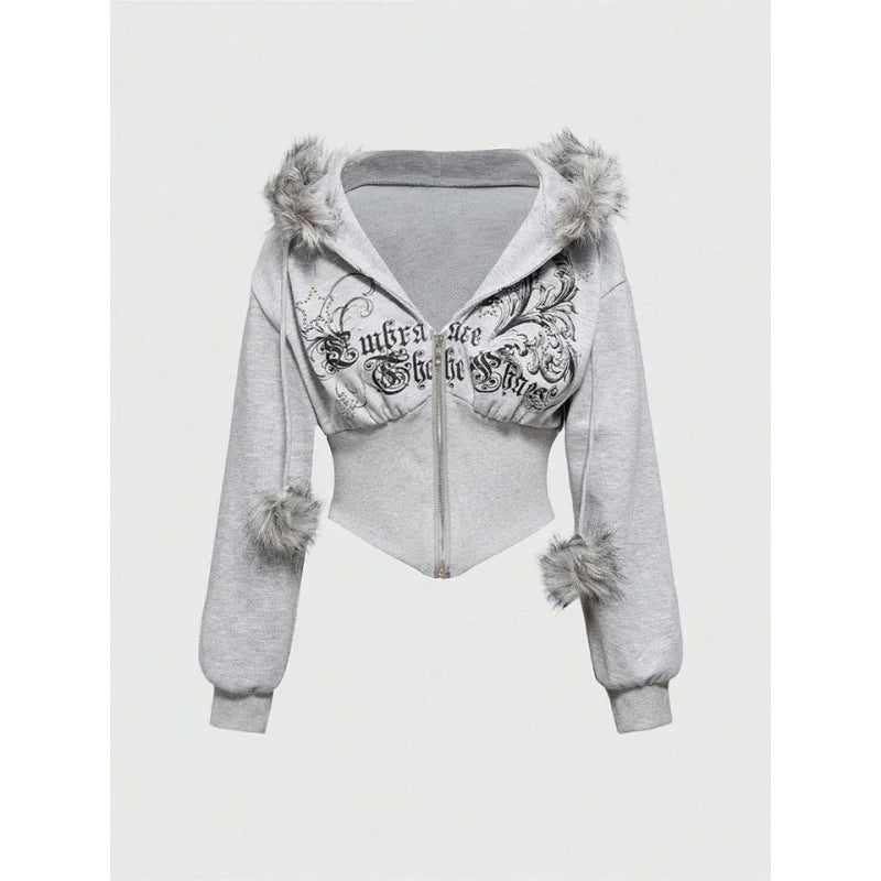 Winter Warm Gothic Print Hoodie Women's Clothin Faux Fur Crop Top Zip-Up Sweatshirt Fashion Y2K Streetwear Hooded Jacket 2026New