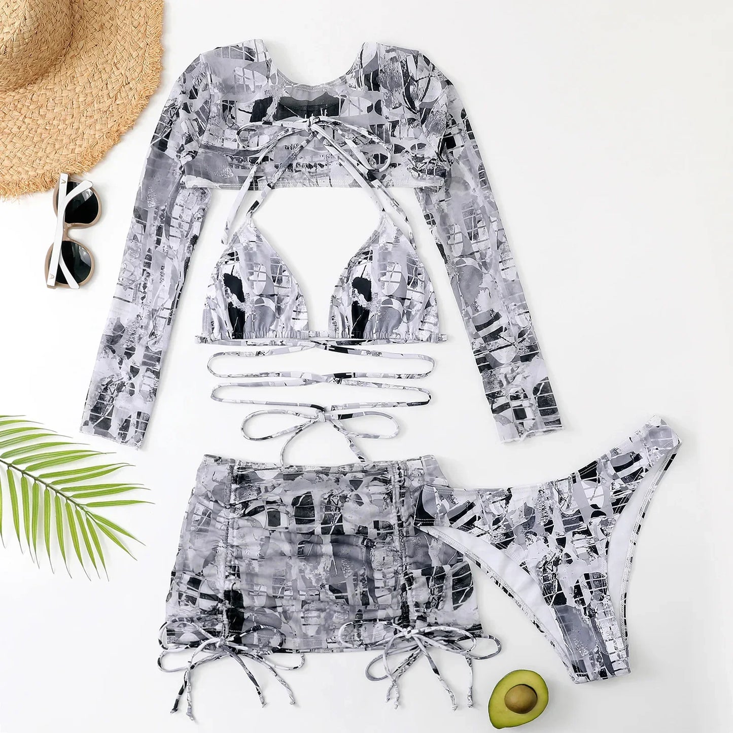 Sexy Printed 4 Piece Bikinis Women Push Up Swimwear With Wrap Long Sleeve Skirt Swimsuit Bathing Suit Beach Wear Female