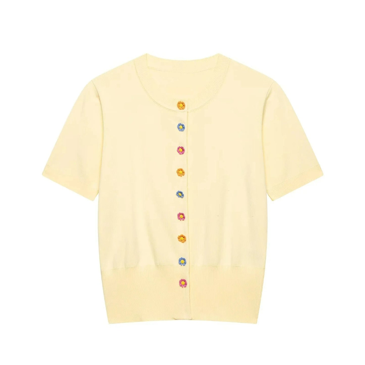 KONDALA Casual Butter Yellow Knit Cardigan Short Sleeve O Neck Flower Buttons Top Fashion 2026 Summer Holiday Women Knit Outwear