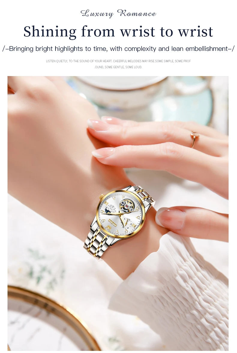 OLEVS 6608 Women Watch Original New Luxury Watch Stainless Steel Automatic Mechanical Diamond Scale Waterproof Watches For Women