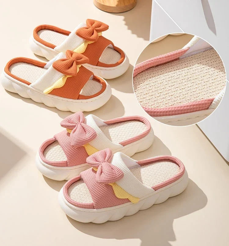 Linen Slippers Women Indoor Slippers Comzy Anti-Slip House Cotton Shoes  Cute Bowknot Flat Slipper Couples Slides Spring Summer