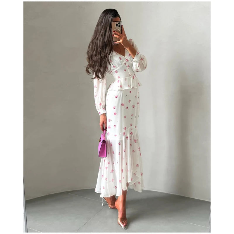 Women Elegant Printed V-neck Dress Chic Lapel Waist Cinched Pleated High Waisted Dresses 2026 Summer New Lady Vacation Gowns