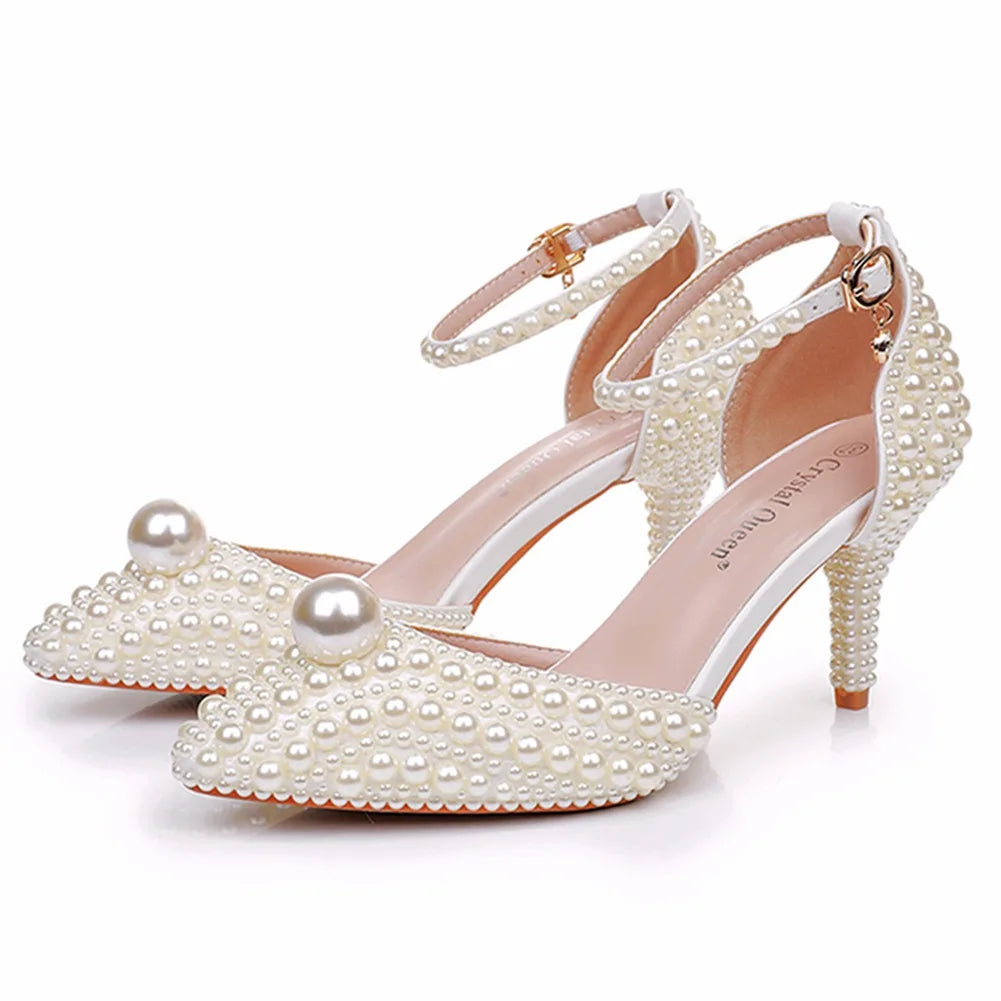 2025 New Large Pointed Womens Sandals Slim Heels Wedding Dress Beige Pearl Wedding Shoes Sandals Bridal High Heels Wedding Shoes