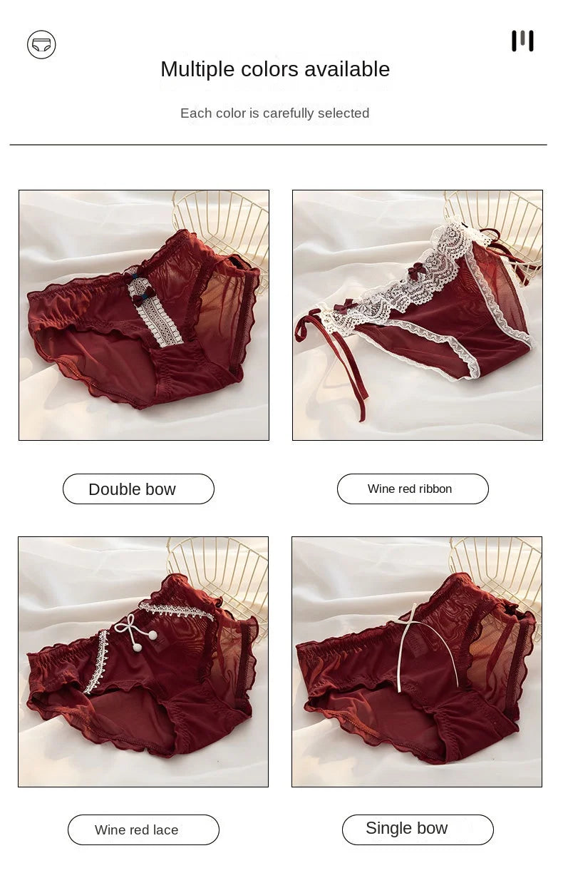 L-XL Women's Underwear Panty Sexy Lace Panties Bowknot Wine Red Brief Med Waist Seamless Underpants Female Lingerie Panties