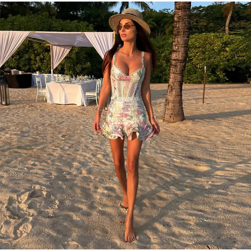 Floral Print Women Mini Skirt Set Lace Sleeveless Hollow Out Cami Shirred Waist Ruffle Hem Short Skirts 2026 Summer Chic Suit