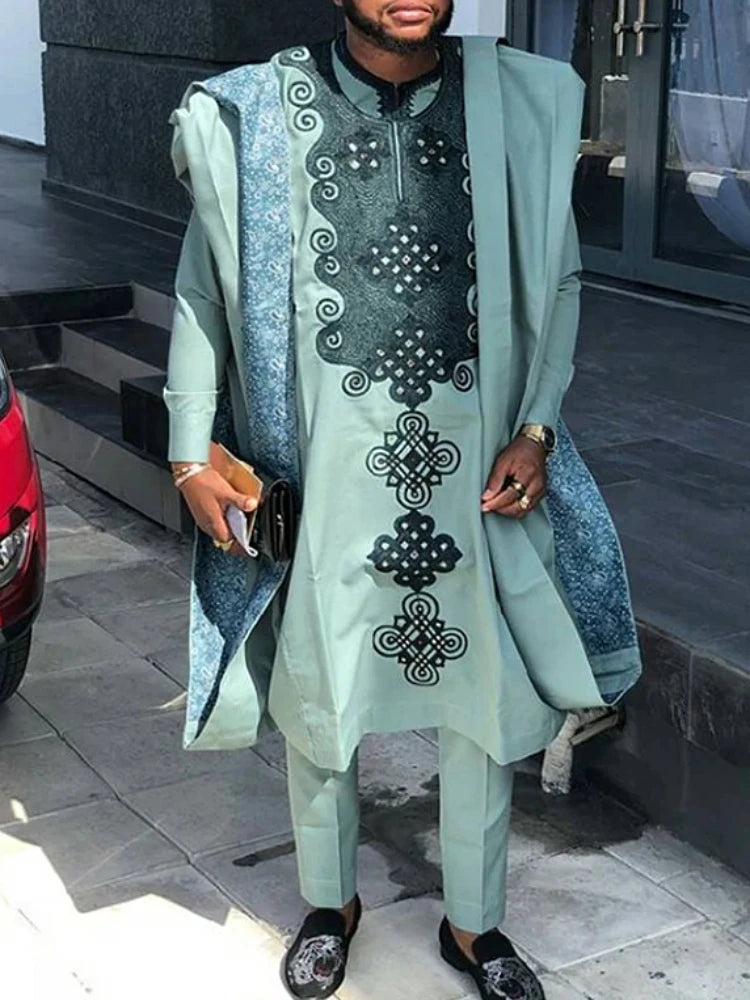 Men's African Traditional Clothing: Bazin Rich Original Heat Pressed White Clothing, Three-piece Suit, Suitable for Wedding Part