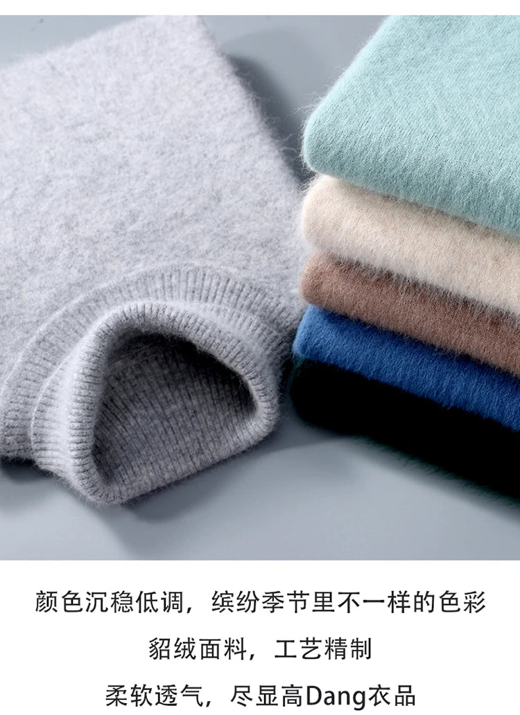 Men's 100% Mink Cashmere Sweater High Lapel Thick Knitted Pullover Casual Large Size Middle-Aged Sweater Autumn Winter New Tops