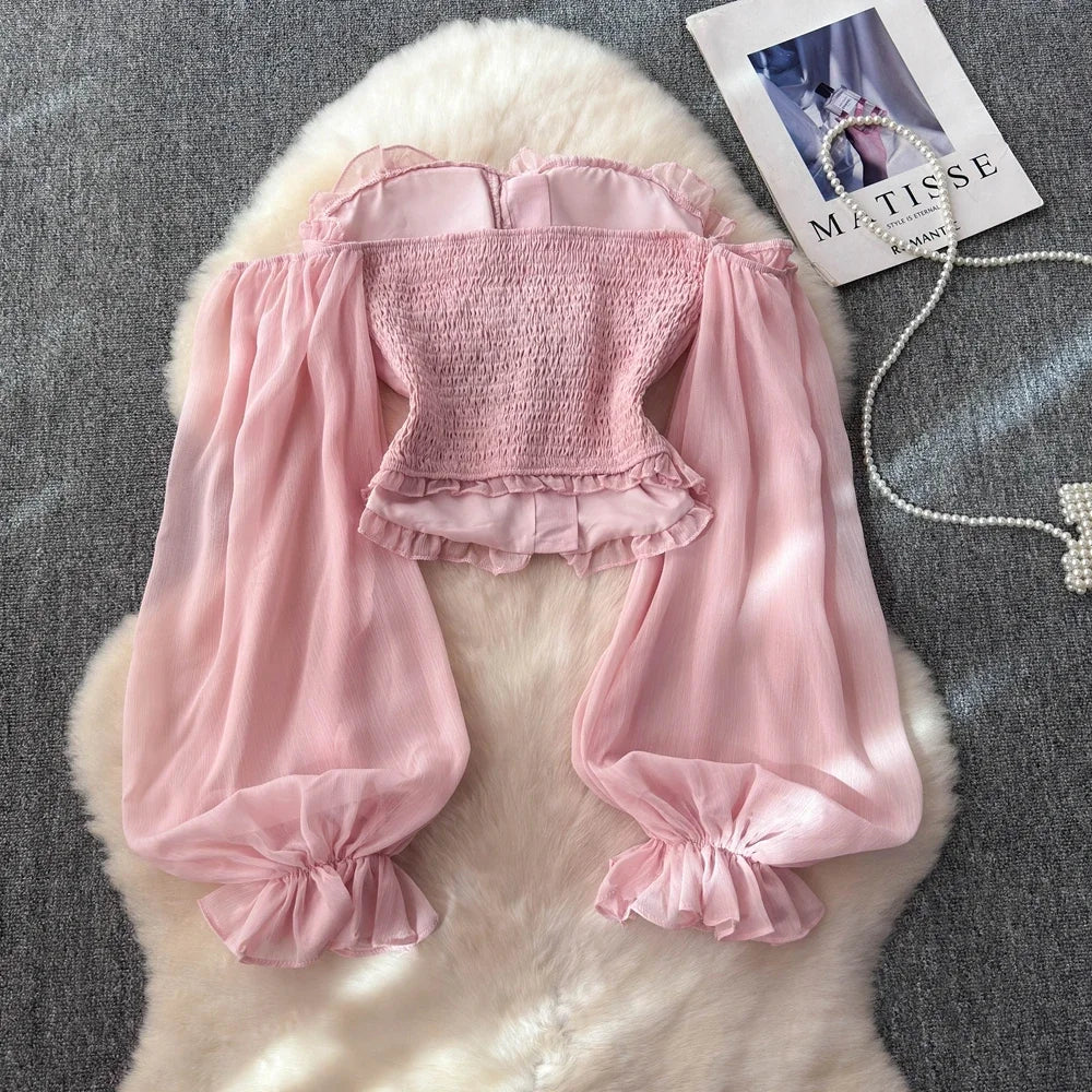 Chiffon Blouse for Women Slash Neck Off Shoulder Solid Color Camisas Ruffles Folds Backless Summer Blusas De Mujer Chic Dropship
