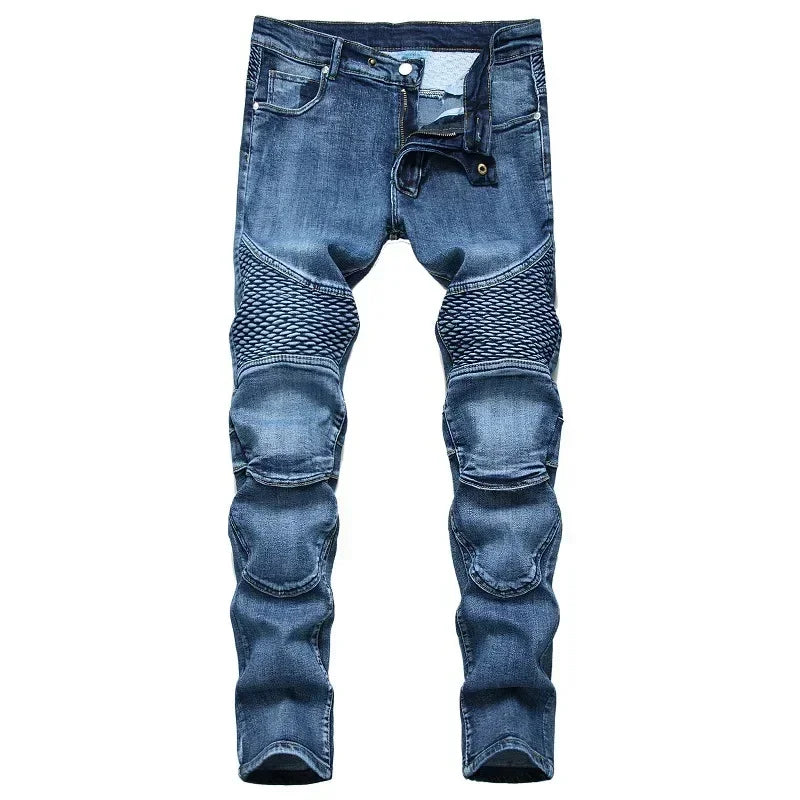 Men's New Casual Motorcycle Jeans Hip Hop Street Riding Stretch Slim Fit Straight Pants Patchwork Fashion Denim Trousers Male