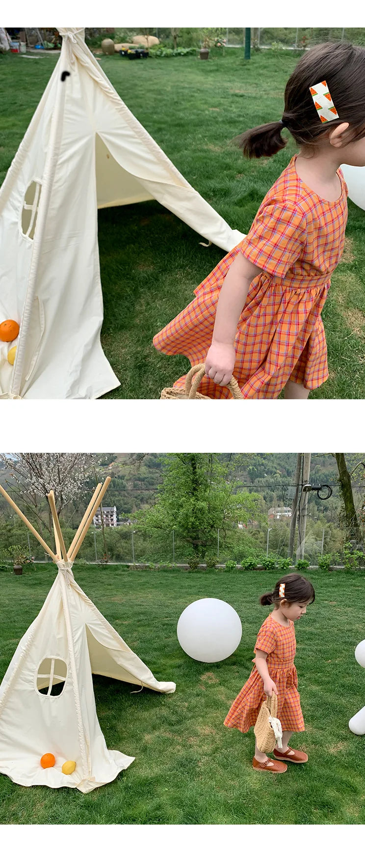 Summer Casual Baby and Girls Cotton Plaid Single-Breasted Short-Sleeved Lace Up Back Dress Kids Lovely Outfit Clothing 2-8 Years