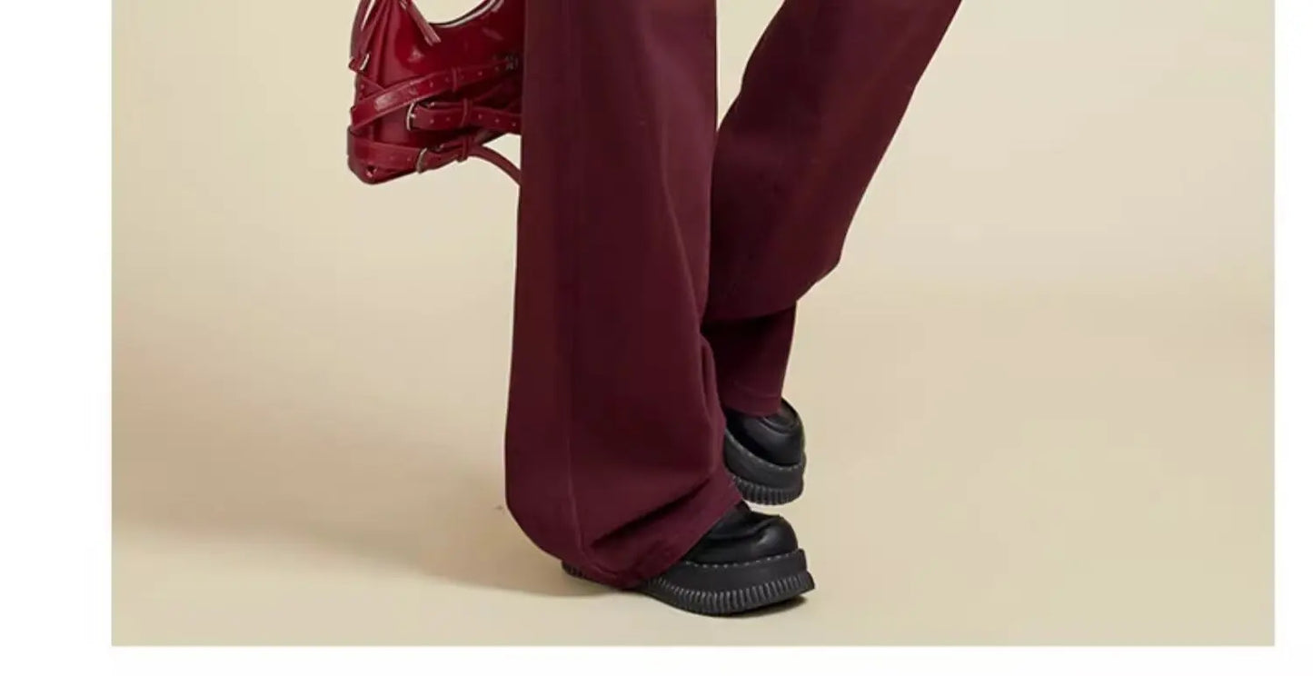 Women's Street Style Wide Leg Red Jeans American Vintage Casual Denim Trousers Female High Waist Loose Straight Pants