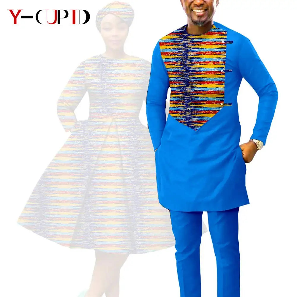 African Print Dresses for Women with Headwrap Matching Couple Outfits Dashiki Men Long Sleeve Pathwork Top and Pant Sets Y23C004