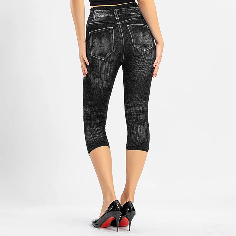 1pcs Womens Denim Print Leggings Female Fashion Slim Leggings Faux Jeans Leggings Lady Stretch Printed Leggins Pants Capri Pants