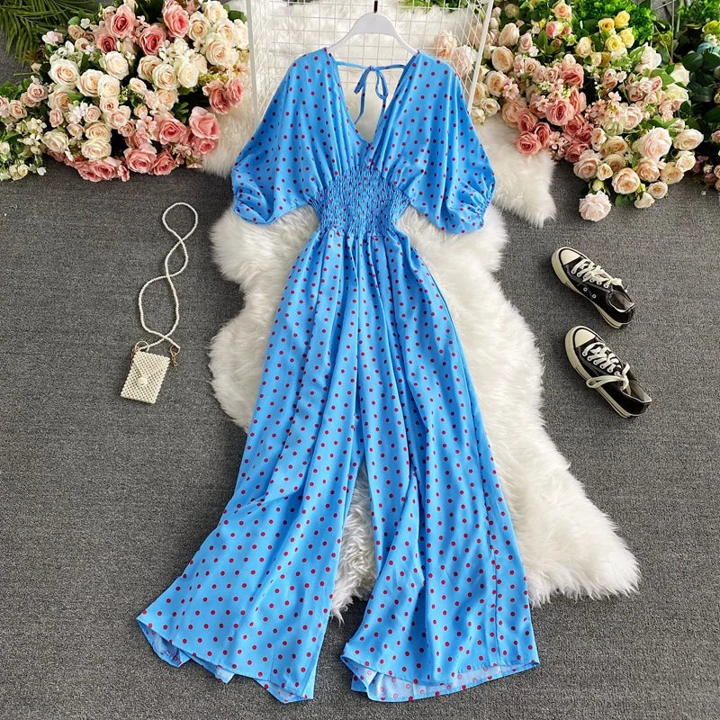 V Neck Sexy Dolman Sleeves Waist Slim Floral Print Jumpsuit Women Wide Leg Trousers Jumpsuit