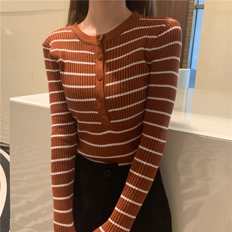 ITOOLIN Women Stripes O-neck Buttoned Up Sweaters Long Sleeve Knitted Sweater Slim Women Jumpers Tops Autumn Winter One Size