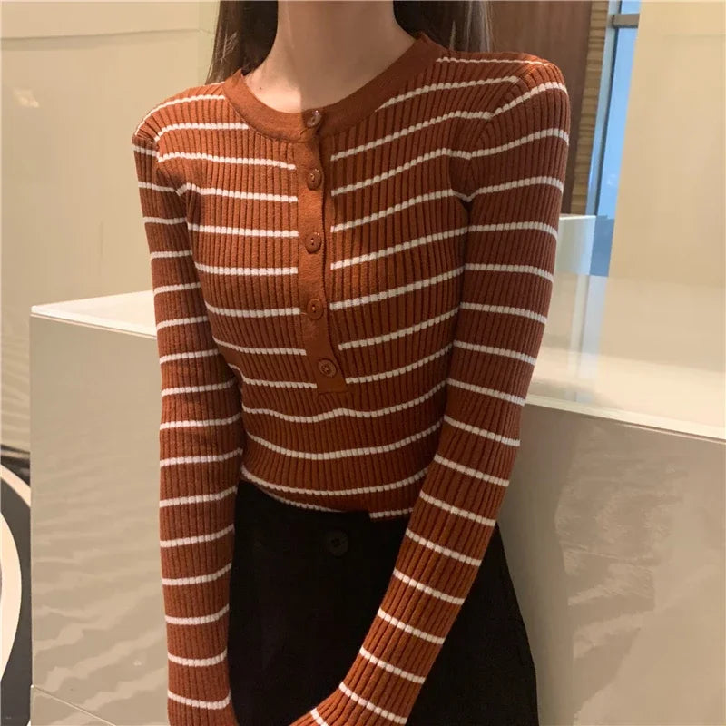 ITOOLIN Women Stripes O-neck Buttoned Up Sweaters Long Sleeve Knitted Sweater Slim Women Jumpers Tops Autumn Winter One Size