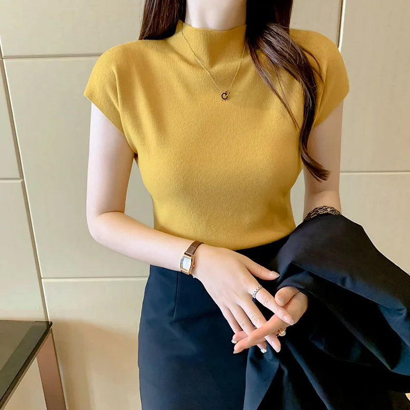 2026 Women Summer Knitted Turtleneck Sleeveless T-Shirts Tops Solid Slim Fit Pullovers Causal Tees Female Streetwear Basics Tees