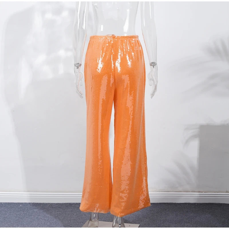 Women Sequin Pants Cinched Waist Glitter Baggy Straight Long Trousers