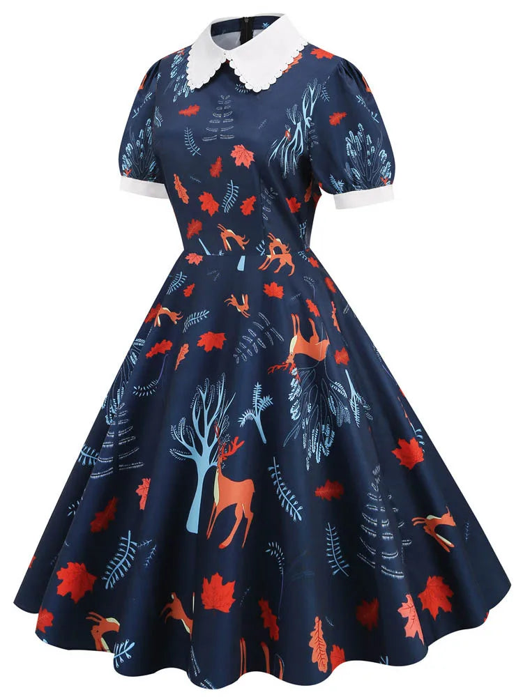 Women Vintage Dress Floral Print Peter pan Collar Elegant Party Dress Puff Short Sleeve Pin Up 50s Party Sundress 3XL