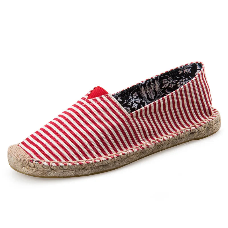 Mens Espadrilles Men Patchwork Slip on Summer Shoes Men Loafers Breathable Canvas Shoes Fashion Jute Wrapped Black Stripe