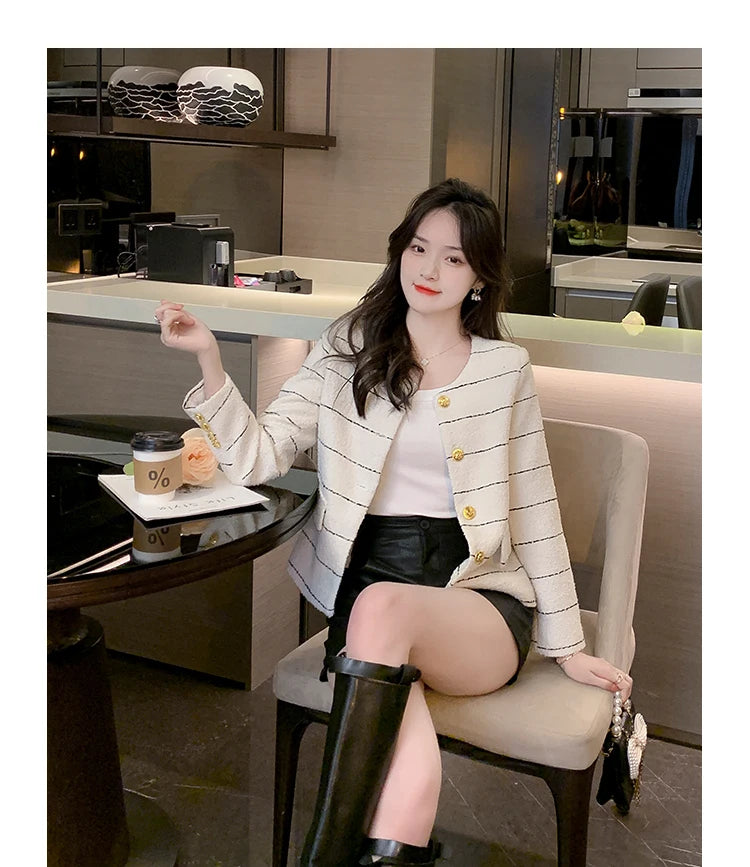 Korean Fashion Casual Small Fragrance Tweed Jacket Coat Women Fall Winter Fried Street Striped Coat Casaco Woolen Outwear Top