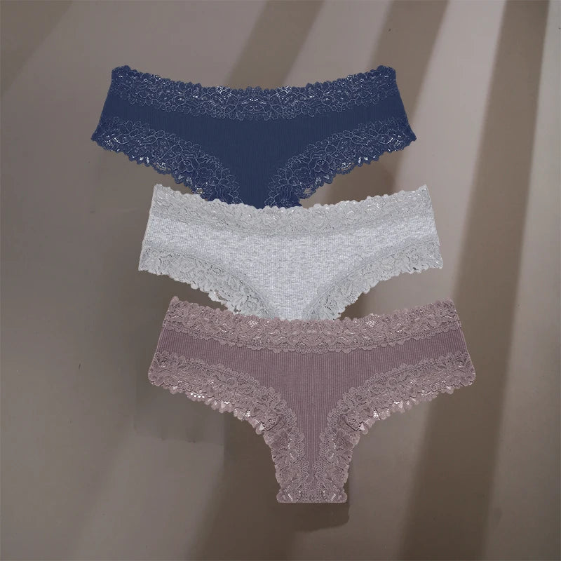 3Pcs/Set Sexy Lace Briefs Cotton Panties Women's Fashion 7 Solid Color Comfortable Briefs Low Waist Underpants Stretch Underwear