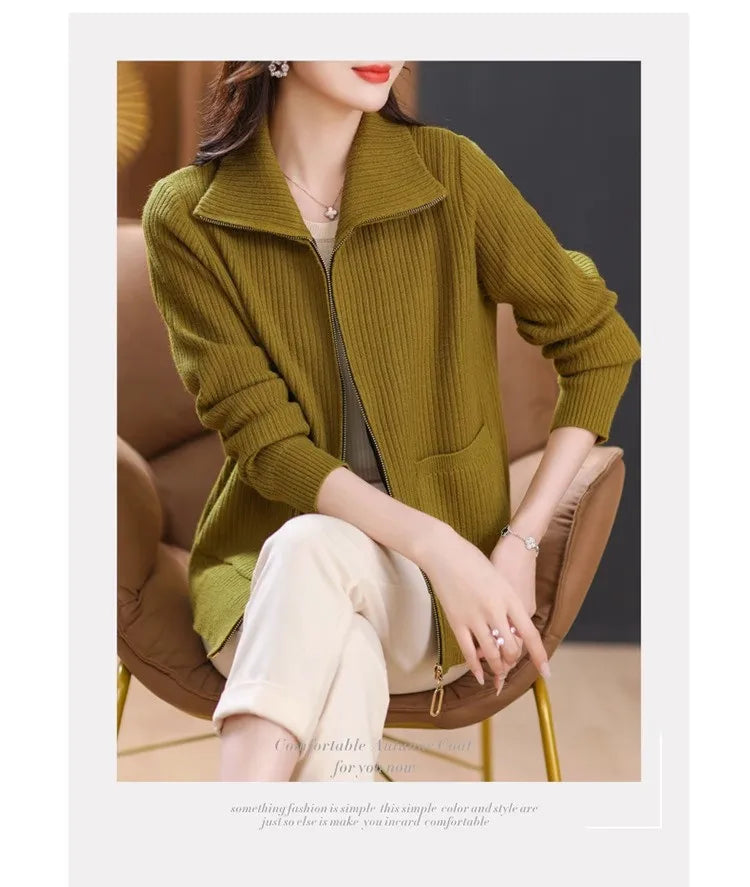 Knitted Cardigan Jacket Women Zipper Lapel Sweater Autumn Winter Outerwear