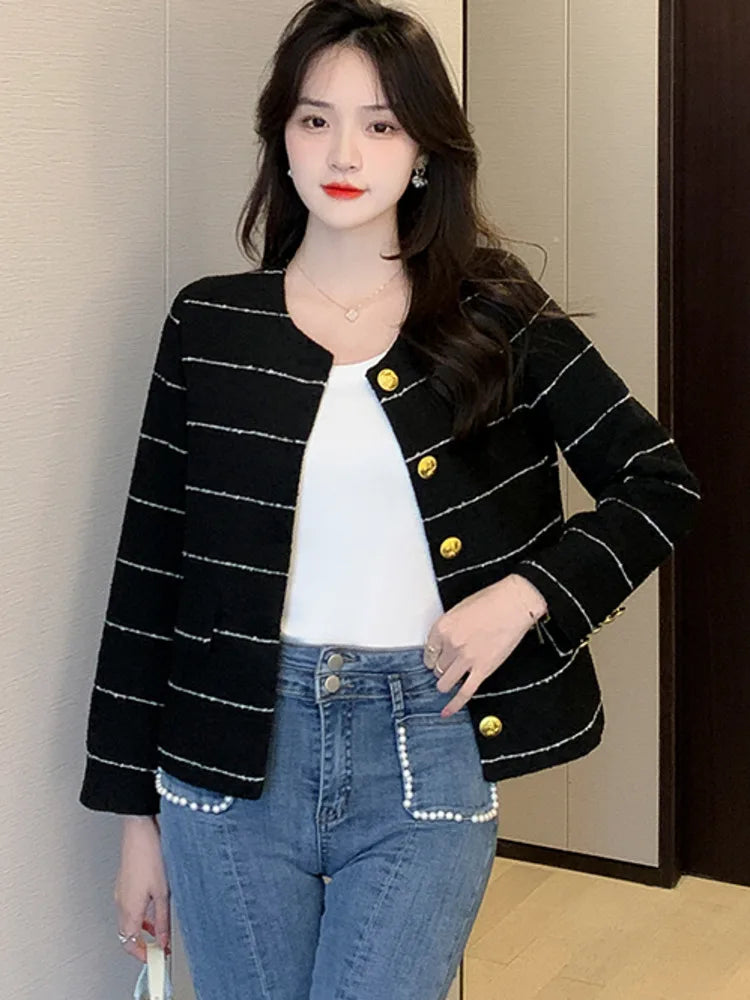 Korean Fashion Casual Small Fragrance Tweed Jacket Coat Women Fall Winter Fried Street Striped Coat Casaco Woolen Outwear Top