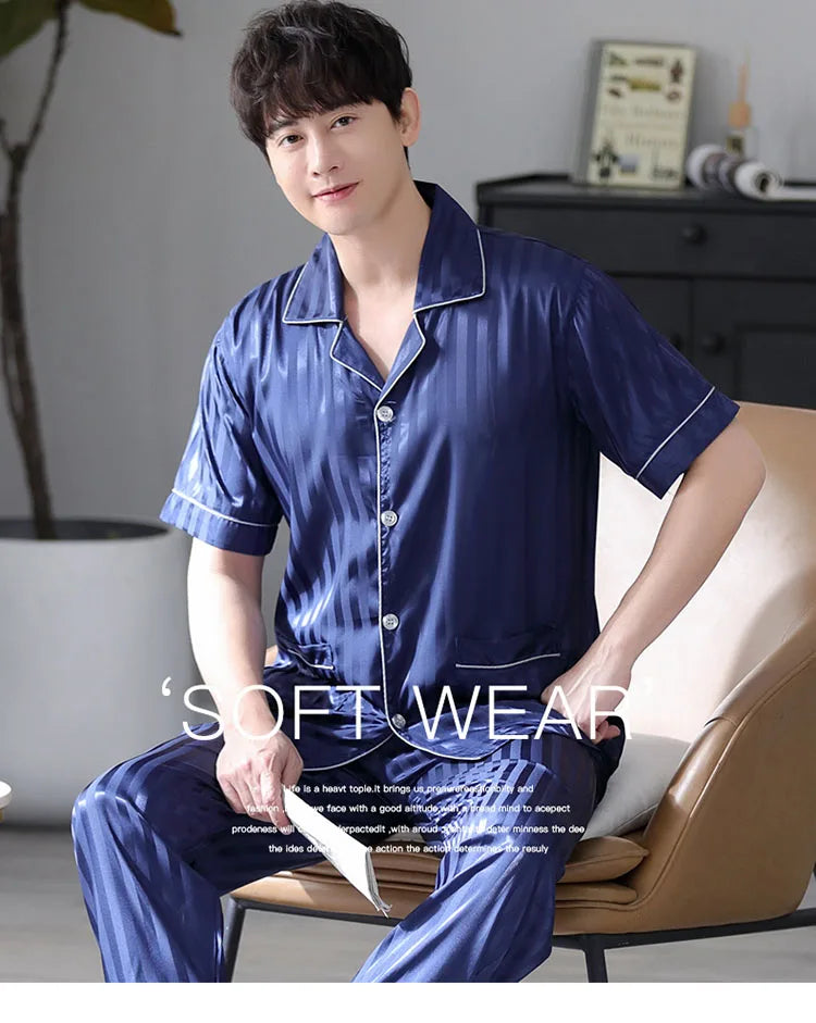 Summer Striped Men Sleepwear Suits Silk Mens Pajamas Turn-down Collar Cardigan Short Sleeve Long Pants Male Pyjamas
